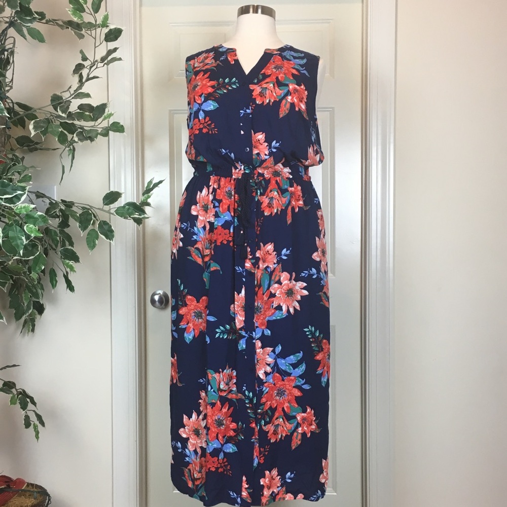 Talbots Navy Maxi Dress with Coral & Blue Floral Print